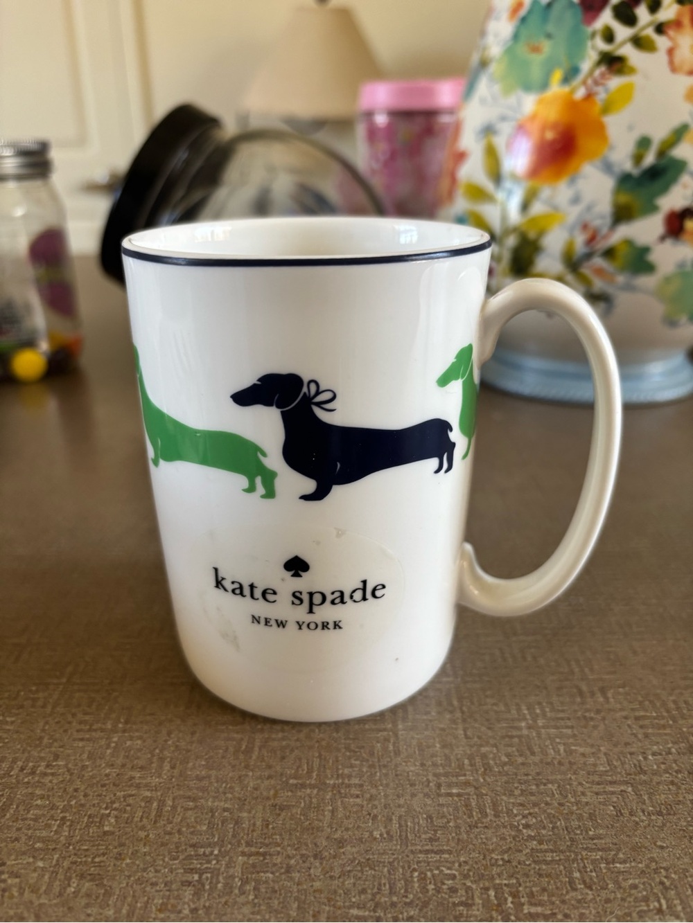 kate spade White Mug with Navy & Green Dachshunds
